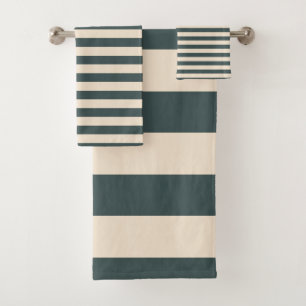Chic Dark Green Off-White Striped pattern Bath Towel Set