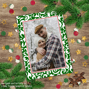 Chic Dark Green White Damask Floral Art Pattern Card