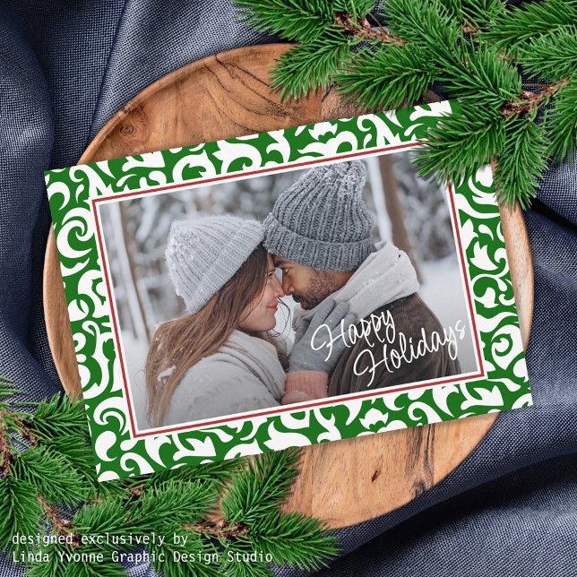 Chic Dark Green White Damask Floral Art Pattern Holiday Card (Creator Uploaded)