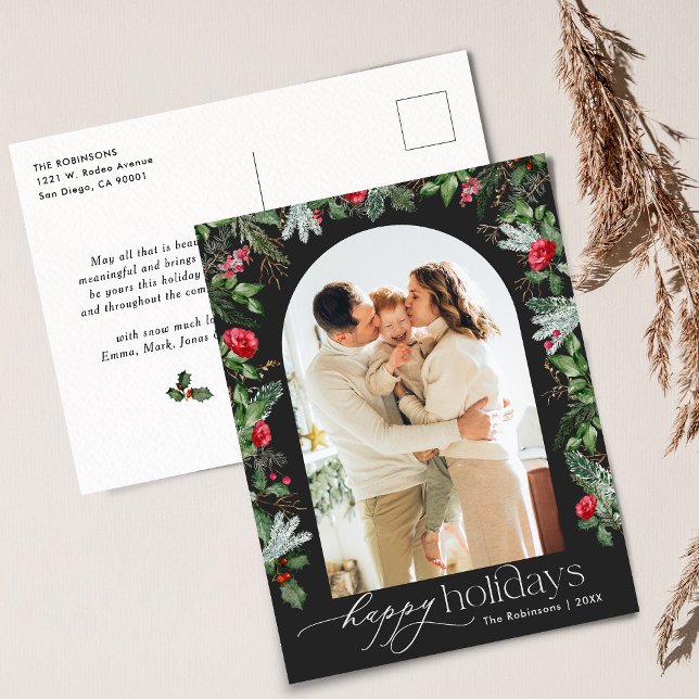 Chic Dark Grey Botanical Arch Modern Photo Holiday Postcard (Creator Uploaded)