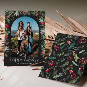 Chic Dark Grey Botanical Floral Arch 1 Photo Holiday Card