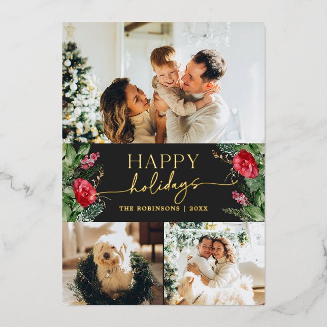 Chic Dark Grey Botanical Foliage 3 Photo Gold (Front)