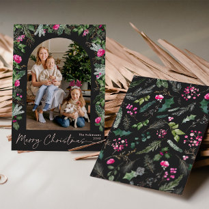 Chic Dark Grey & Bright Pink Greenery Arch 1 Photo Holiday Card