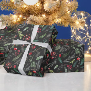 Chic Dark Grey Christmas Botanical Greenery Wrapping Paper
