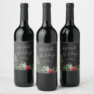 Chic Dark Grey Christmas Winter Botanical Greenery Wine Label