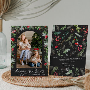 Chic Dark Grey Happy Holidays Botanical Arch Photo Holiday Card