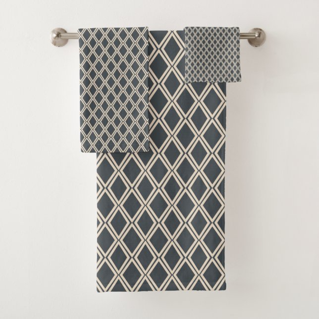 Chic Dark Grey Off-White Diamond Geometric pattern Bath Towel Set (Insitu)