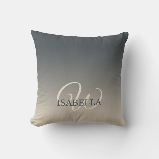 Chic Dark Grey Off-White Ombre Monogram Name Cushion (Front)