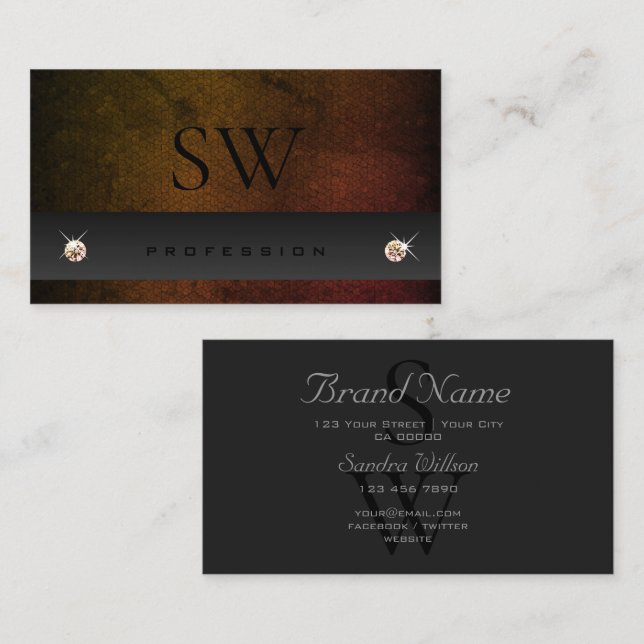 Chic Dark Grey Orange Gradient Snake with Monogram Business Card (Front/Back)