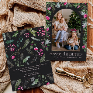 Chic Dark Grey Pink Botanical Arch Christmas Photo Holiday Card