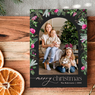 Chic Dark Grey Pink Greenery Arch Christmas Photo Holiday Card