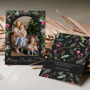Chic Dark Grey Pink Greenery Arch Photo Christmas Holiday Card