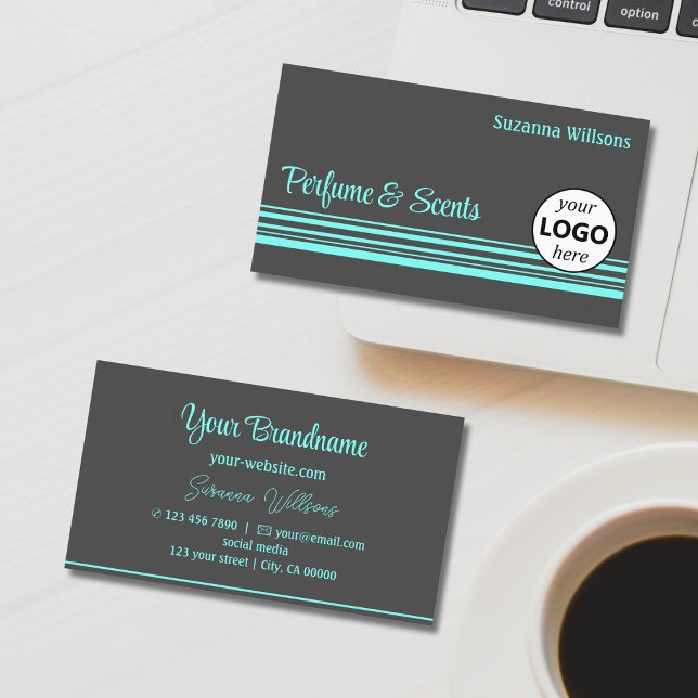 Chic Dark Grey Teal Stripes with Logo Professional Business Card (Creator Uploaded)