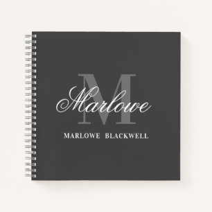 Chic Dark Grey White Monogram Calligraphy Notebook