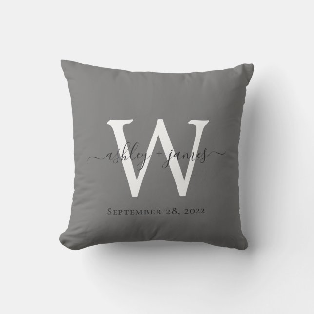Chic Dark Grey White Monogram Wedding Keepsake Cushion (Front)