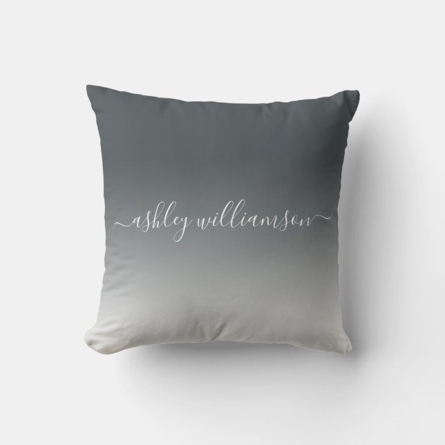 Chic Dark Grey White Ombre Effect Monogram Name Cushion (Front)