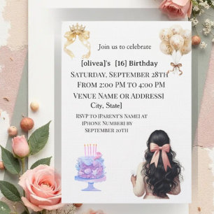 Chic Dark Hair Girl Sweet 16 Birthday Party Invita Thank You Card