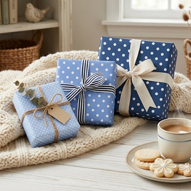 Chic Dark Light Blue White Polka Dots Pattern Wrapping Paper Sheet (Creator Uploaded)