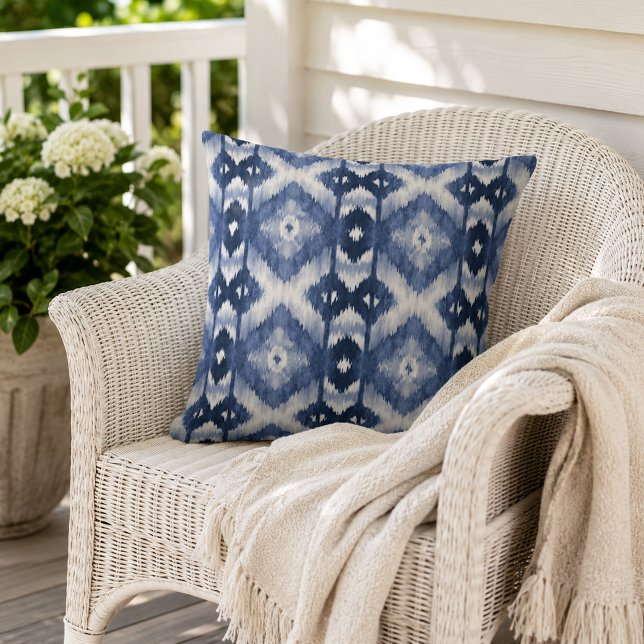 Chic Dark Navy Blue White Ikat Tribal Art Pattern Cushion (Creator Uploaded)