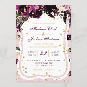 Chic Dark Purple Floral & Gold Wedding Invitations