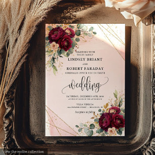 Chic Dark Red Gold Blush Flowers Rustic Wedding Invitation