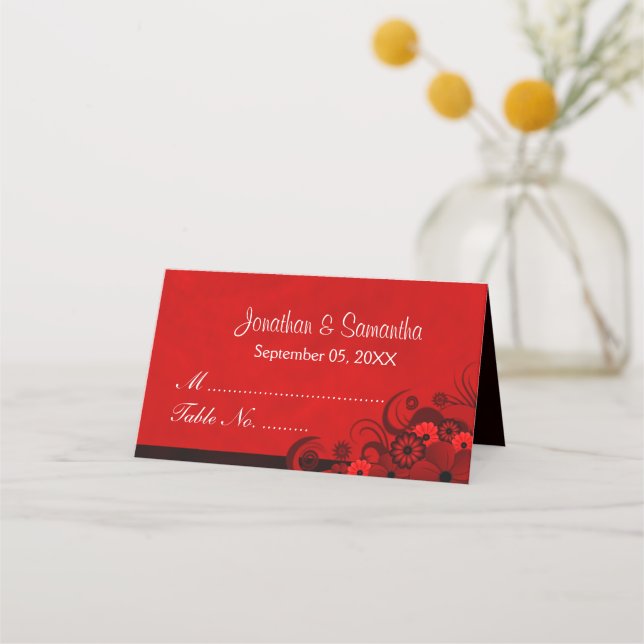 Chic Dark Red Gothic Hibiscus Floral Folded Table Place Card (Front)