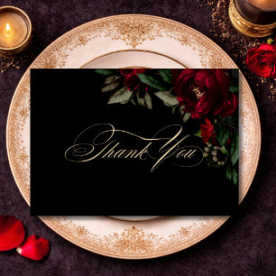 Chic dark red green gothic floral moody wedding thank you card
