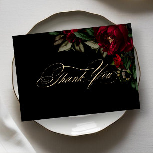 Chic dark red green gothic floral moody wedding thank you card