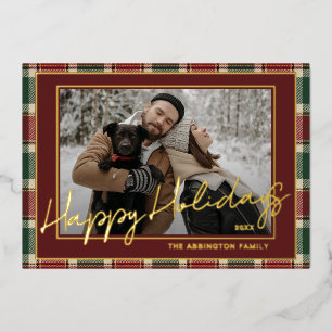 Chic Dark Red Green Plaid Gold Foil Family Photo