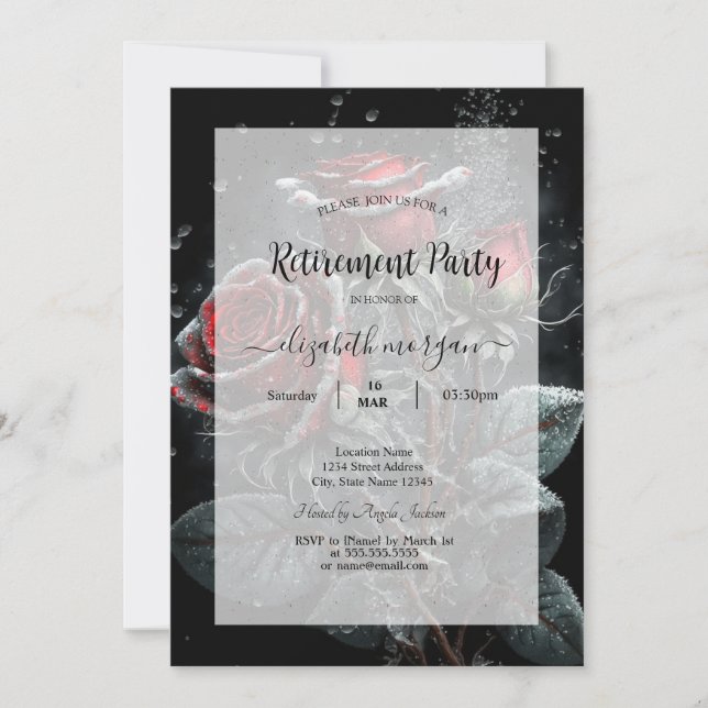 Chic Dark Red Roses Drops Frame Retirement   Invitation (Front)