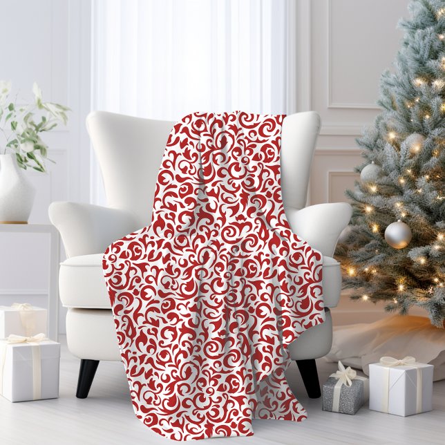 Chic Dark Red White Damask Floral Art Pattern Fleece Blanket (Creator Uploaded)