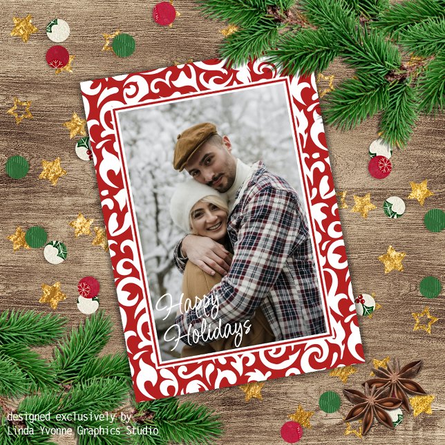 Chic Dark Red White Damask Floral Art Pattern Holiday Card (Creator Uploaded)