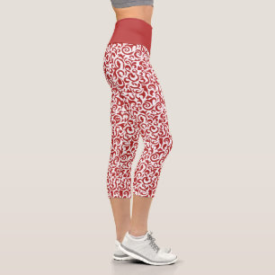 Chic Dark Red White Damask Floral Pattern Capri Leggings