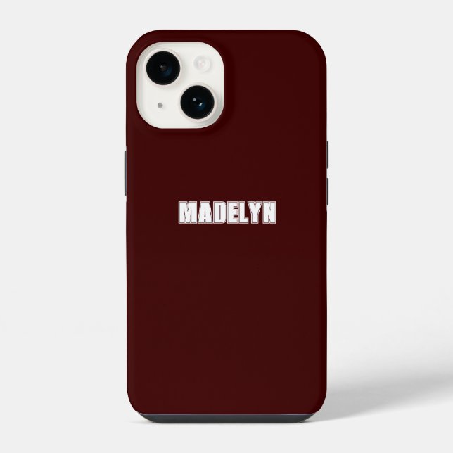 Chic Dark Red &White script Personalized Name iPhone Case (Back)