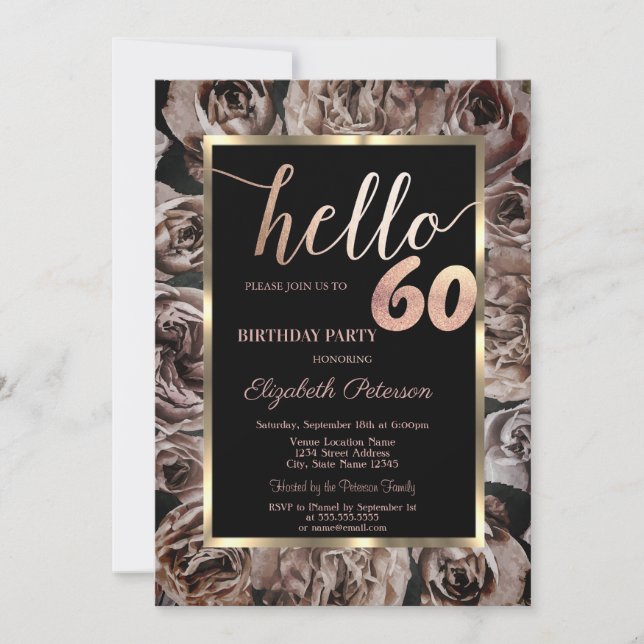 Chic Dark Roses Black 60th Birthday Party Invitation (Front)