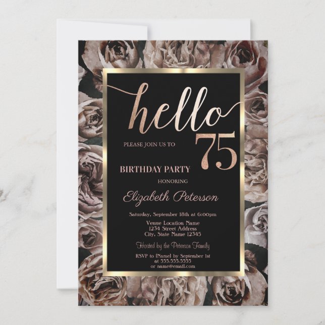 Chic Dark Roses Black 75th Birthday Party Invitation (Front)