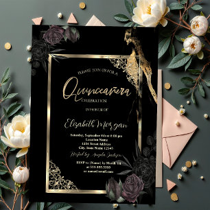 Chic Dark Roses Gold Frame Black Quinceañera Invitation