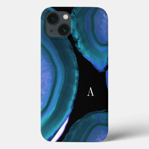 Chic Dark Teal Agate Geode Monogram iPhone 13 Case