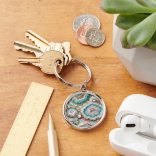 Chic Dark Teal Blue Blush Pink Gold Marble Pattern Key Ring