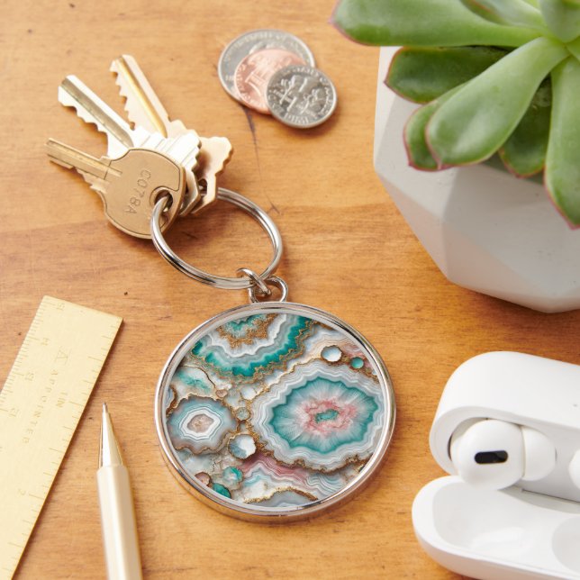 Chic Dark Teal Blue Blush Pink Gold Marble Pattern Key Ring (Desk)