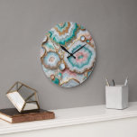 Chic Dark Teal Blue Blush Pink Gold Marble Pattern Large Clock<br><div class="desc">Add some flair and sophistication to your wall with this stunning wall clock featuring an aqua turquoise green, white, blush pink, and gold marble wave art pattern. This wall clock is made of high-quality acrylic that is durable, lightweight, and easy to hang. You can choose from different sizes and shapes...</div>