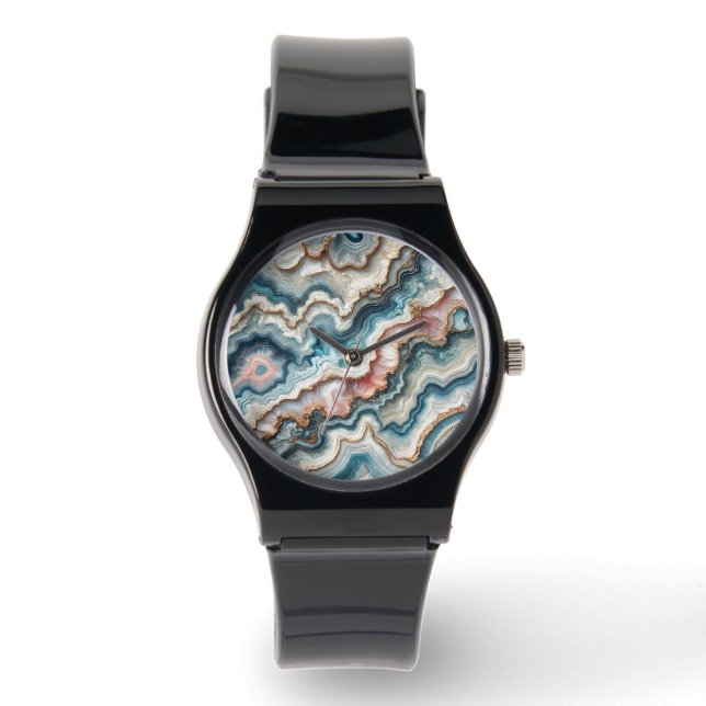 Chic Dark Teal Blue Blush Pink Gold Marble Pattern Watch (Front)