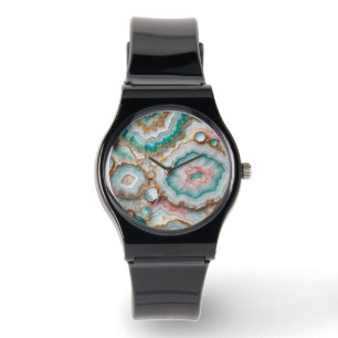 Chic Dark Teal Blue Blush Pink Gold Marble Pattern Watch