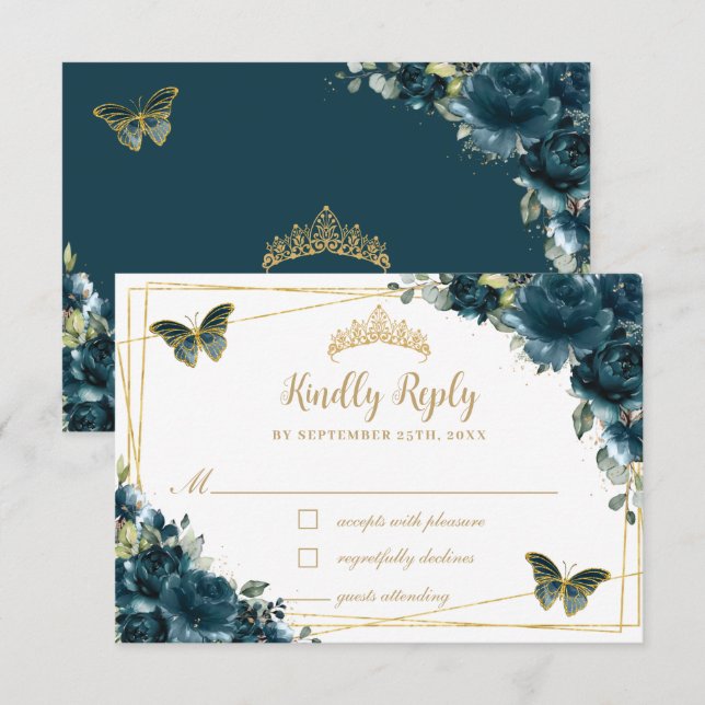 Chic Dark Teal Floral Gold Butterflies Quinceañera RSVP Card (Front/Back)