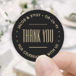 Chic Deco Typography Thank You Black & Gold Classic Round Sticker<br><div class="desc">Add an elegant touch to wedding thank you cards and reception party favours with round customised stickers / envelope seals. All wording on this template is simple to personalise for a bridal shower, anniversary, vow renewal or other occasion. The text in a circle can be changed to a name and...</div>