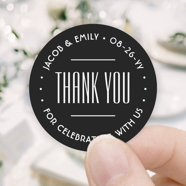 Chic Deco Typography Thank You Black & White Classic Round Sticker (Creator Uploaded)