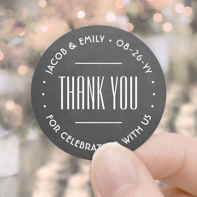 Chic Deco Typography Thank You Faux Chalkboard Classic Round Sticker (Creator Uploaded)