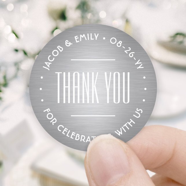 Chic Deco Typography Thank You Silver Faux Foil Classic Round Sticker (Creator Uploaded)