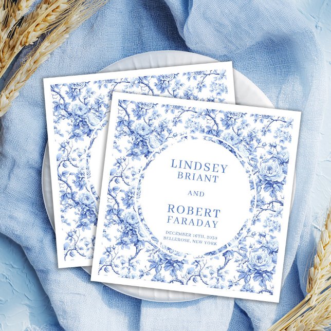 Chic Deep Blue Toile Roses Custom Wedding Napkins (Chic Deep Blue Toile Roses Custom Wedding Napkins

)