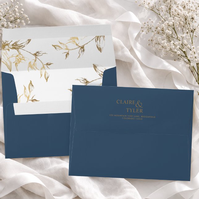 Chic Deep Blue with White and Gold Floral Wedding Envelope (Creator Uploaded)